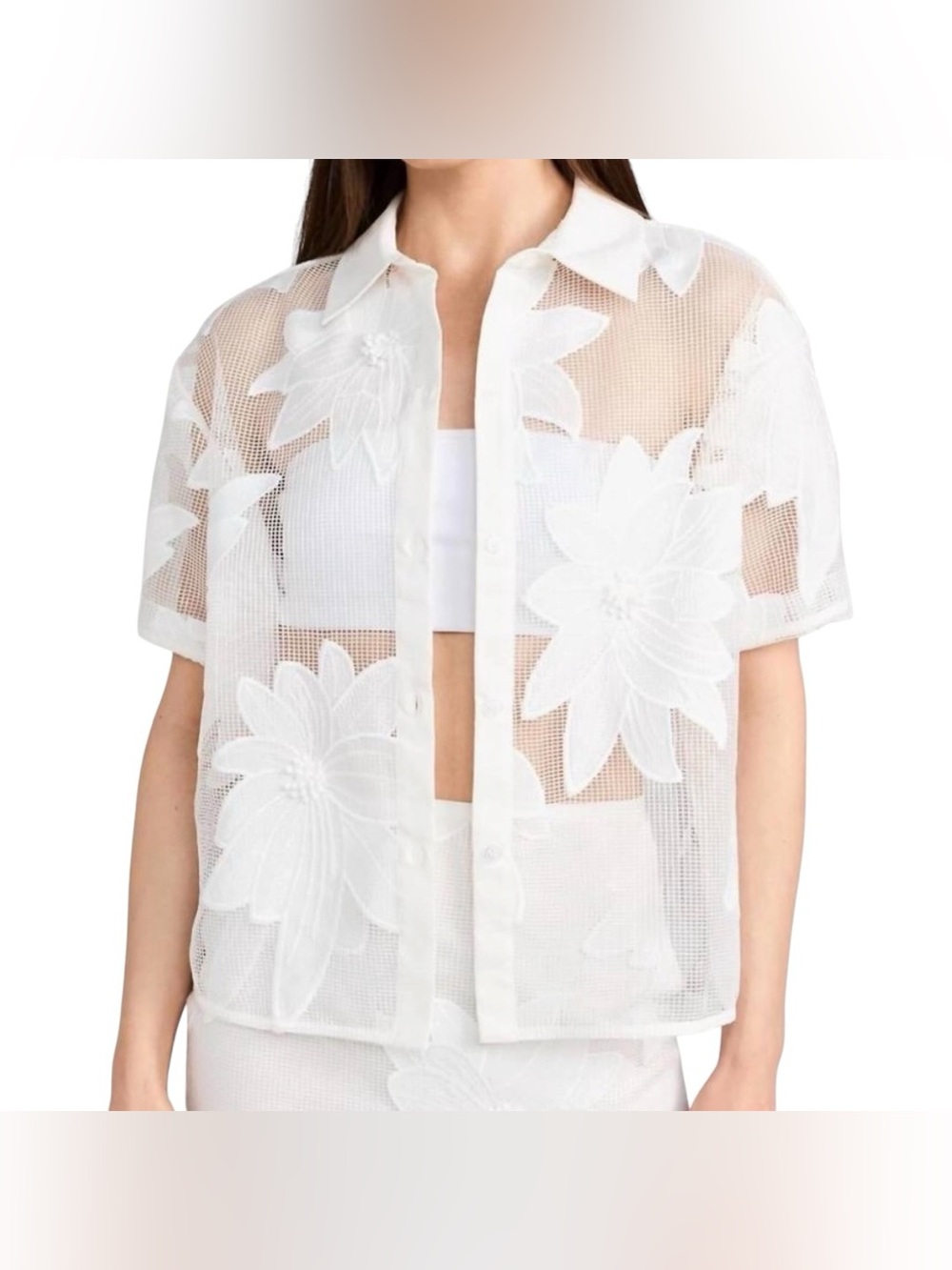 NWT Le Superbe Purely Enlightened Embroidered Mesh Short Sleeve Button-Up Shirt